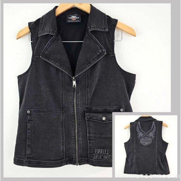 Harley Davidson Womens Sz M Winged Rhinestones Logo Zip-Front Denim Vest Black - Picture 14 of 14